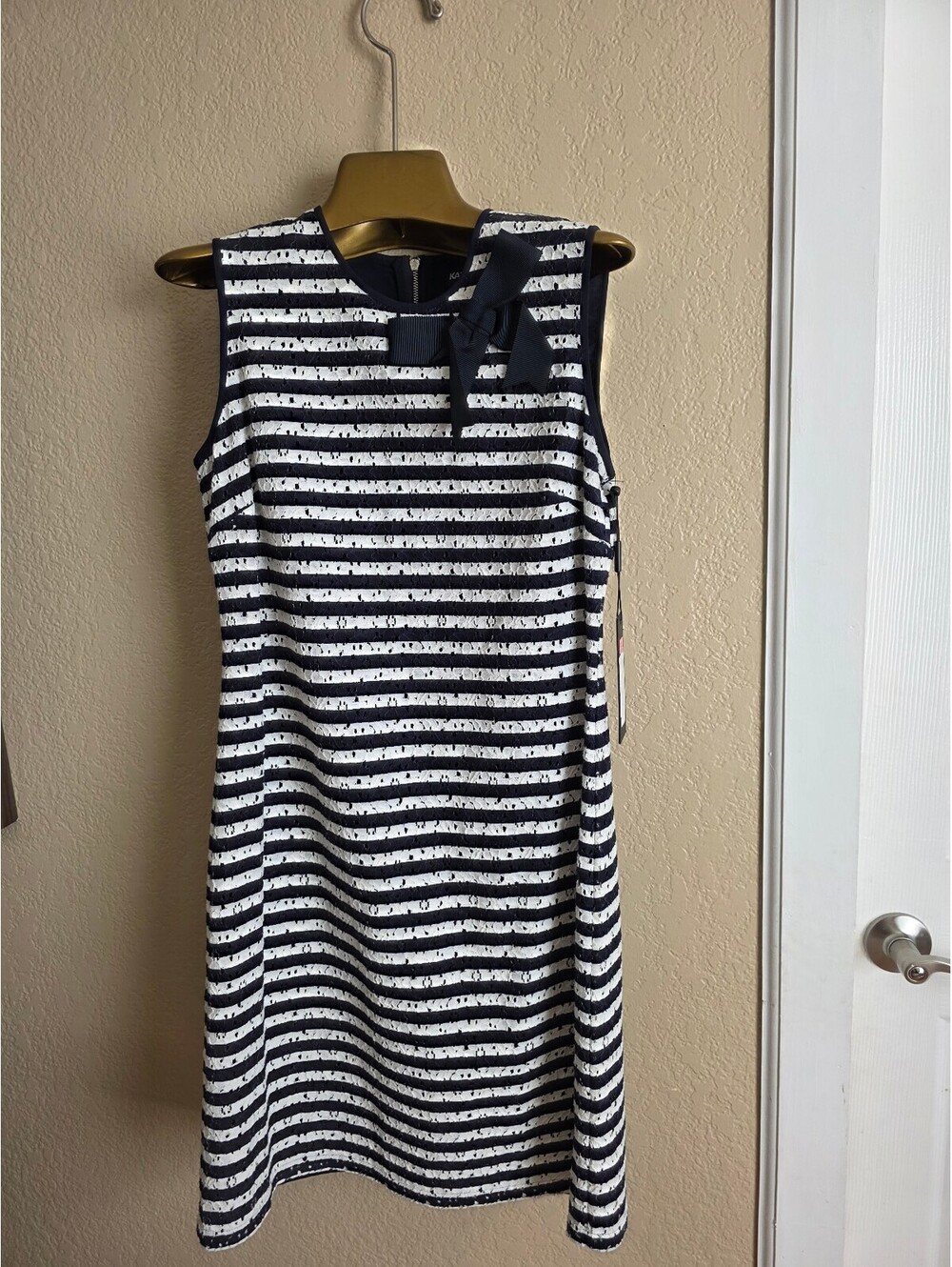 Karl Lagerfeld Paris Navy and White Striped Sleeveless Dress with Bow Size 4